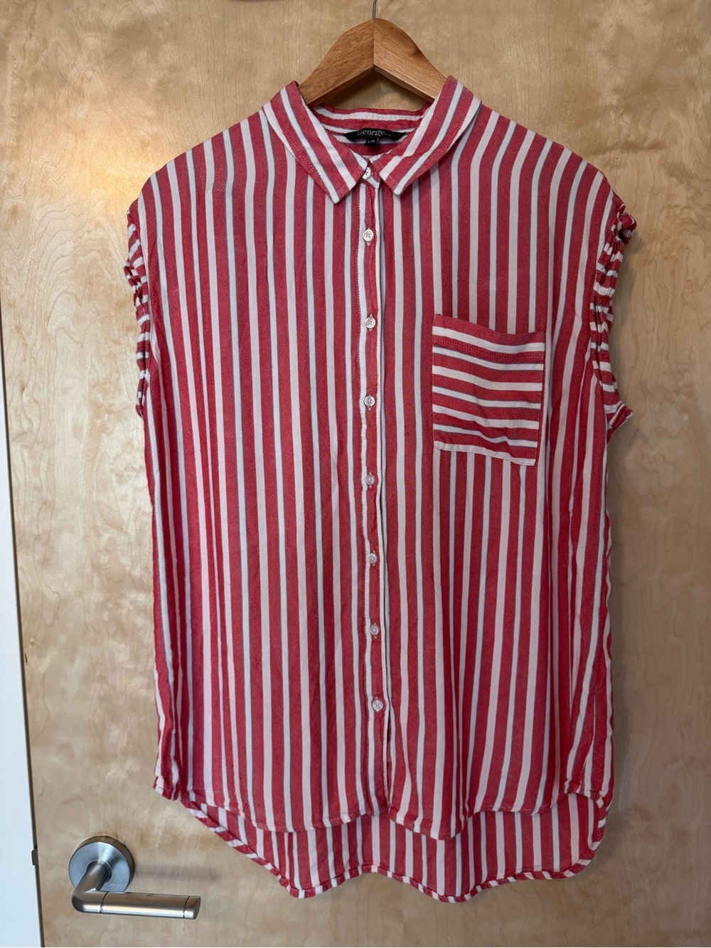 George Red and White Striped Button-Up sleeveless blouse